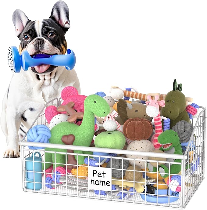 Indestructible Dog Toy basket, Medium Toy Box for Dogs,Pet Toy Bin Dog Metal Basket for Toys, Dog Toy Storage, Dog Storage Organizer,Dog Toy Box for Living Room Area (White)