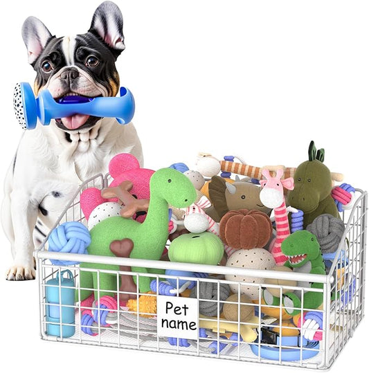 Indestructible Dog Toy basket, Medium Toy Box for Dogs,Pet Toy Bin Dog Metal Basket for Toys, Dog Toy Storage, Dog Storage Organizer,Dog Toy Box for Living Room Area (White)