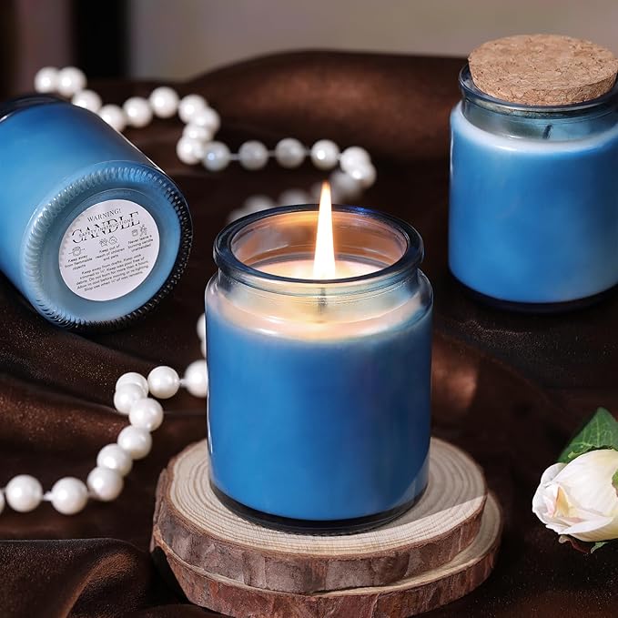 12Pcs Blue Candle Jars for Making Candles, 7.5oz Glass Jars with Wooden Lids and Labels, Candle Containers for DIY, Gifts, Candle Making Supplies, Table Decor