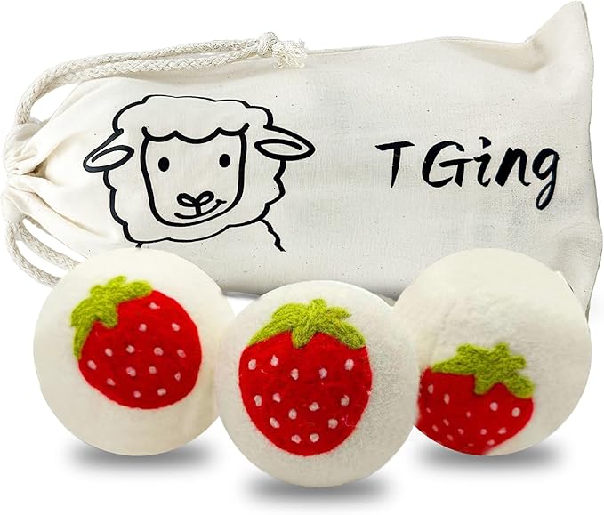Wool Dryer Balls，New Zealand Wool Laundry Balls for Dryer (Pack of 3, Strawberry Handmade Pattern)，Softens Clothes,Naturally Reduces Drying Time and Static Electricity