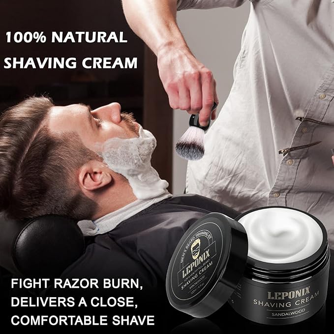 LEPONIX Men's Shaving Kit Gift Set- Sandalwood Shaving Cream, After Shave Lotion & Pre Shave Oil - Fights Razor Burn, Nicks & Cuts - Luxury Grooming Essentials for Men, Husband - Stocking Stuffers