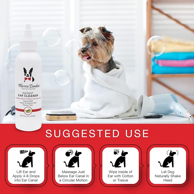 Warren London Instant Ear Cleaner- Dog Ear Drops w/Aloe to Prevent Irritation | Made USA | 12oz