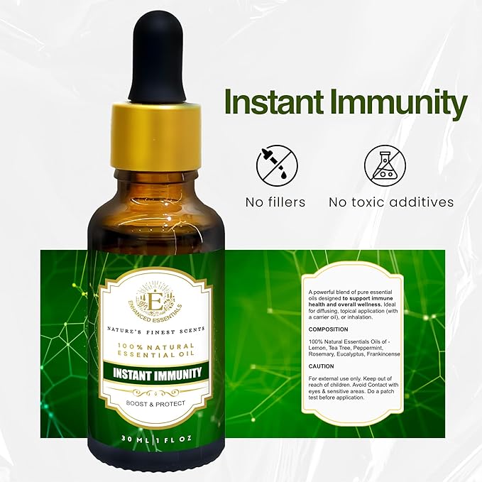 Essential Oil Blend for Immune Boost & Natural Protection by Enhanced Essentials|Pure,Slow-Distilled Lemon,Tea Tree,Peppermint,Rosemary Oils for Diffuser,Steam Inhalation,Massage|1 fl oz (30 ml)