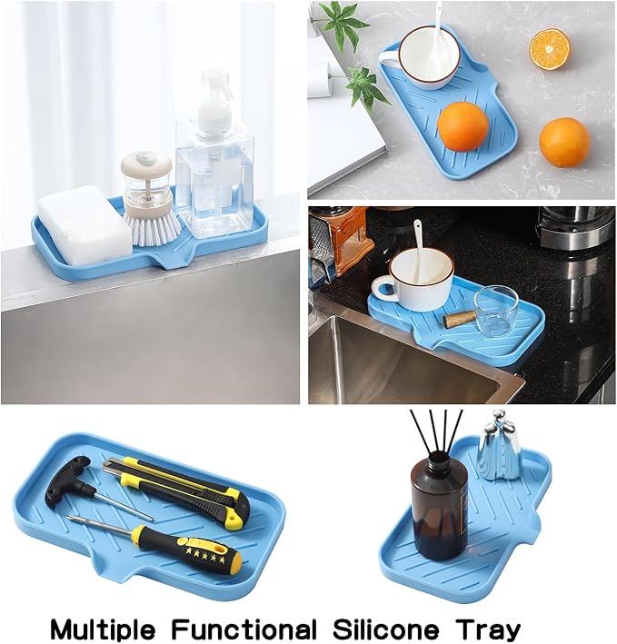 Silicone Bathroom Soap Dishes with Drain Spout-Bathroom and Kitchen Sink Organizer,Sponge Holder,Dish Soap Tray,Perfect for Dispenser,Scrubber,Bottle on Sink or Counter-Light Blue 9.6"×5.3"