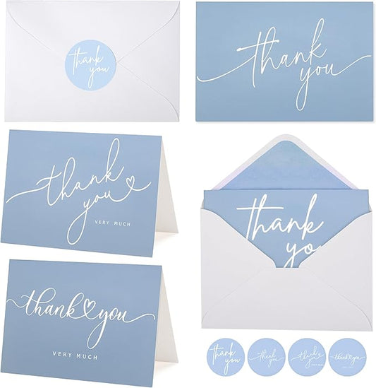 100 Bulk Light blue Thank You Cards with white Envelopes and stickers - 4 Minimalistic Designs Blank Thank You Notes with Envelopes for business Wedding Bridal Gift Baby Shower Business Graduation