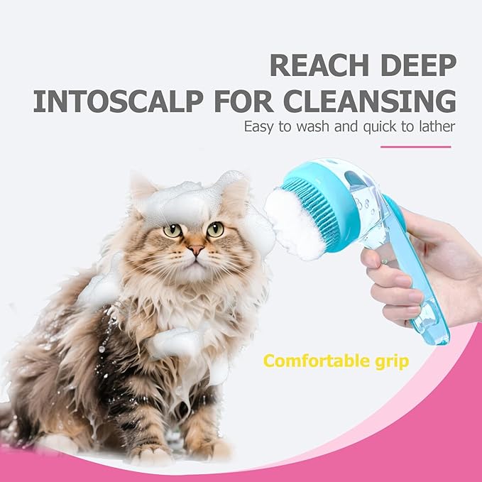 Dog Bath Brush 5 in 1 Grooming Kit - with Detachable Shampoo Dispenser & Dental Finger Cots, Gentle Pet Wash Tool for Dogs Puppies Cats, No-Slip Grip (Blue, Pink, Black)