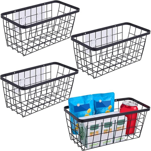 4 set Hanging Wall Basket Organizer,Over the Cabinet Door Wire Baskets for Organizing -Space-Saving Hanging Baskets for Organizing,Wall Mount Storage,No Drilling Adhesive Wall Storage Basket, Black