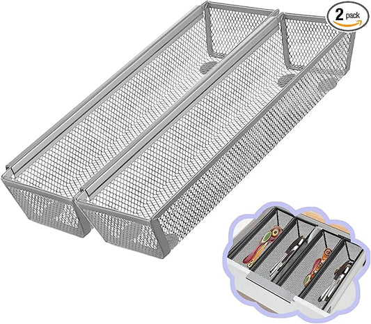 2PCS Drawer Organizer, Mesh Drawer Organizer with Interlocking Arm for Utensil, Cosmetic, Flatware, Pen (12 * 3 * 2 Inches, Grey)