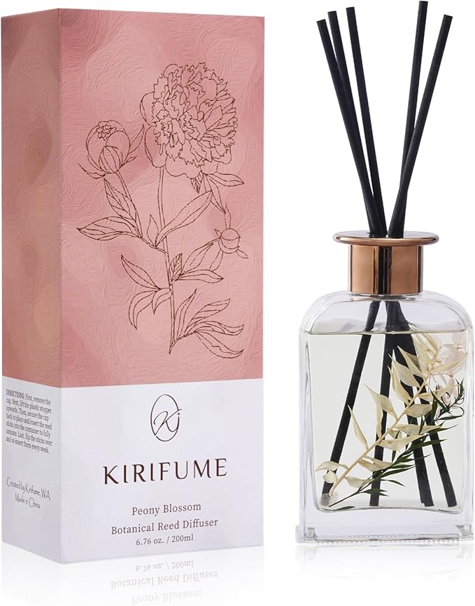 Peony Blossom Botanical Essential Oil Reed Diffuser Set/6.7oz/Peony, Ruscus, and Hydrangea/Decorative Air Freshener/Home, Office, Room Décor/Aromatherapy Gift/Home Fragrance