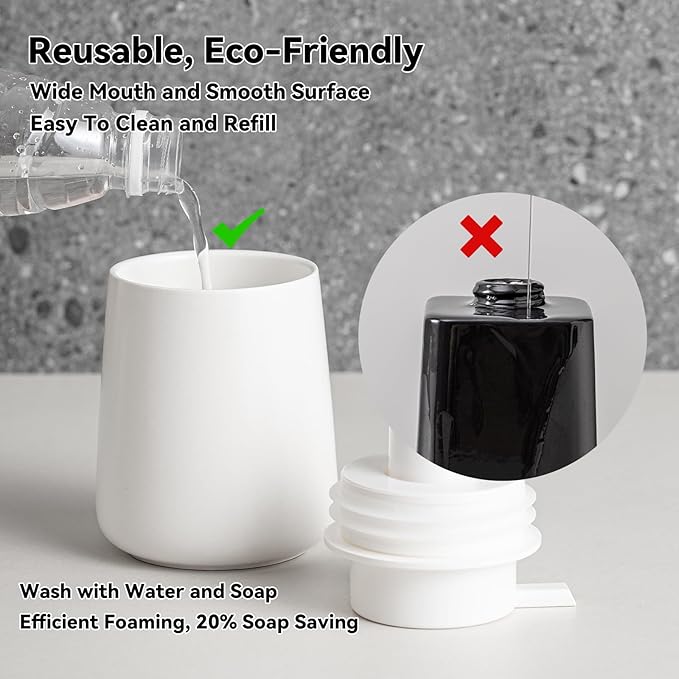 Foaming Soap Dispenser - 12 Oz Ceramic Foam Hand Soap Dispenser for Bathroom, Face Wash Dispenser Bottle with Foaming Pump, Refillable Lotion Dish Soap Foam Dispenser for Kitchen, Matte White