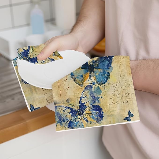 3 Pcs Vintage Butterfly Kitchen Towels, Rustic Decorative Absorbent Microfiber Dish Cloth Tea Towel, Artistic Waffle Soft Hand Towels for Farmhouse Home Bathroom, Butterfly Gifts