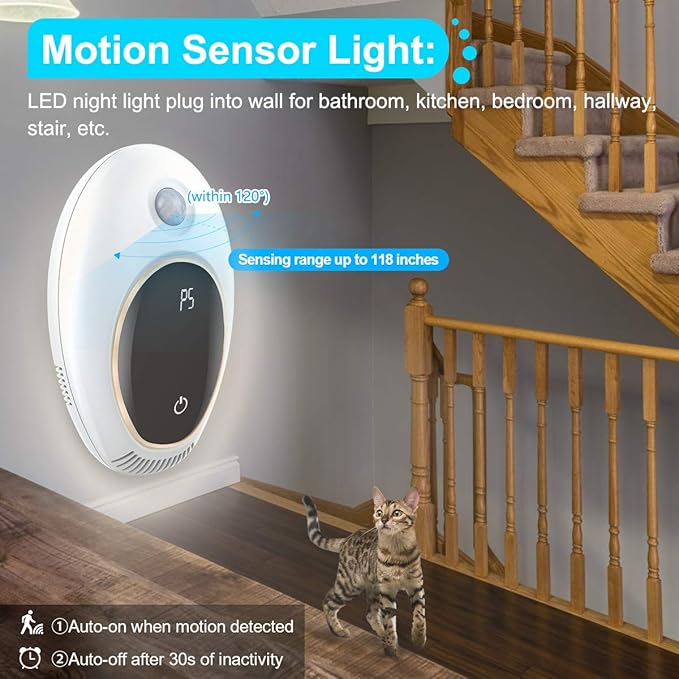 Plug in Air Purifier with Motion Sensor Light for Home, Odor Eliminator Mini Ozone Air Freshener Ionizer Deodorizer to Remove Smell from Pets Smoke Toilet for House Bathroom Kitchen Bedroom Office
