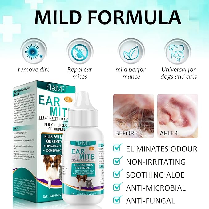 Ear Mite Treatment for Dogs & Cats, Advanced Formula for Pet Ear Cleaner Drops - 0.75 fl oz / 22ml