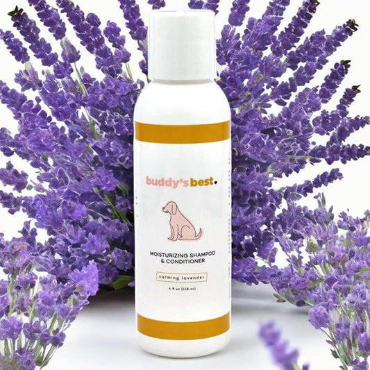Buddy’s Best 4oz Travel-Size Dog Shampoo and Conditioner with Shea Butter, Oatmeal, Biotin, and Aloe Vera, Alcohol-Free Deep Moisturizer for Dry, Itchy Skin and Coats (Calming Lavender)