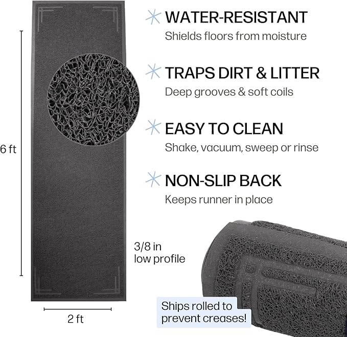 Long Litter Mat Runner 2'x6' - Trap Dirt, Mud and Cat Litter - Premium Waterproof PVC Mesh, Non Slip Rubber Runner for Pets, Entry, Mudroom, Garage, Laundry, RV, Camper - Litter Mat XL (Grey Modern)