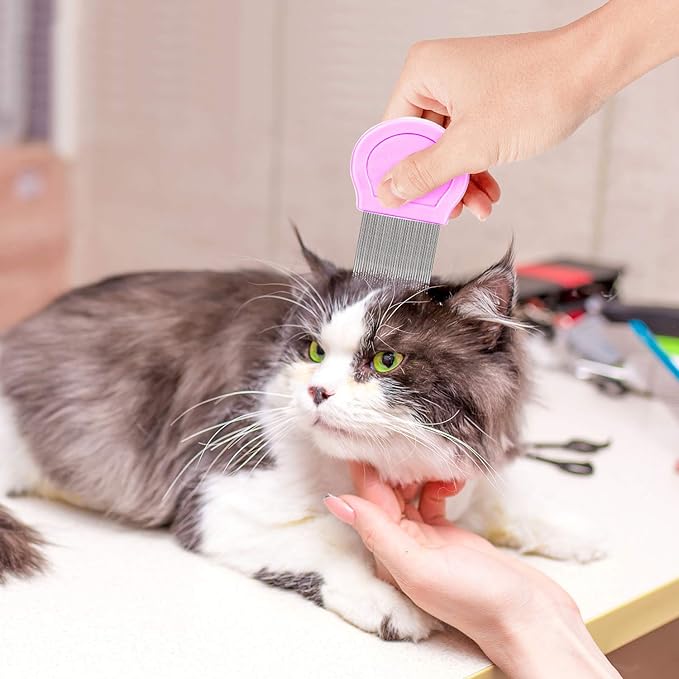 Flea Comb For Dogs & Cats Pet Comb Grooming Set 5 Pieces Metal Teeth Durable Remove Tear Stain Float Hair Combing tangled hair Dandruff Add Storage Pouch (pink)