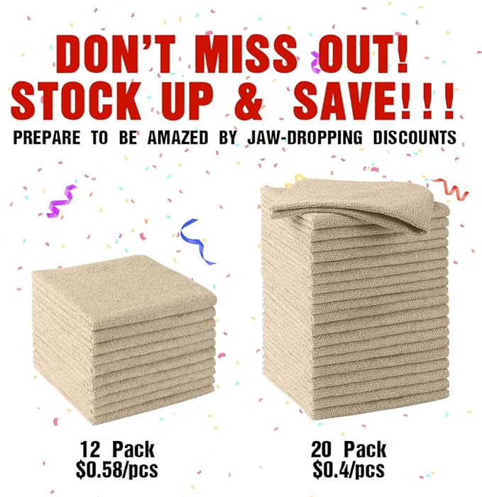 HOMEXCEL Brown Microfiber Cleaning Cloths 20 Pack, Highly Absorbent, Lint & Scratch-Free Cleaning Rags for House Kitchen, Microfiber Towels for Car 11.5 x 11.5 inch