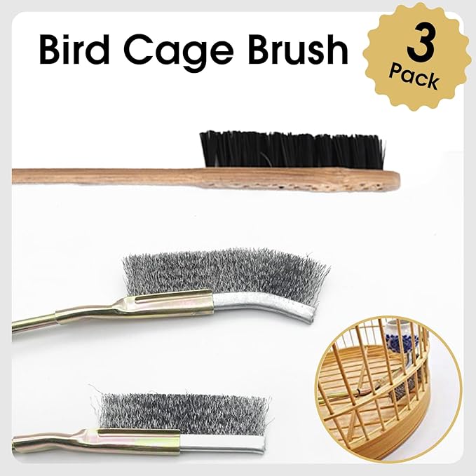 QBLEEV 3 Pack Bird Cage Brush, Wooden & Stainless Steel Long Handle Bird Cage Cleaner Brush, Poop Off Bird Cage Cleaning Brushes, Bird Cage Scraper Parrot Poop Remover Accessory