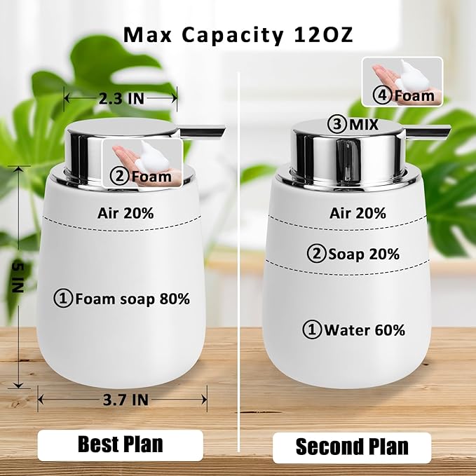Soap Foaming Dispenser Ceramic with Easy-to-Press Pump Hand Foam Dispenser for Shampoo Bathroom Kitchen 12 oz 2pcs