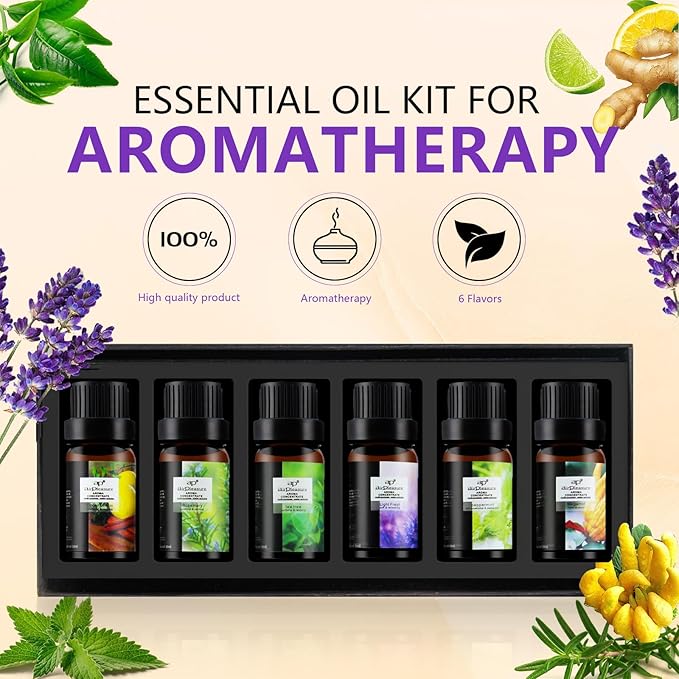 Fresh Essential Oils Set, 6x10ml Aromatherapy Oil Gift Kit for Diffuser, Fragrance, Humidifiers, Air Purifier- Tea Tree, Bergamot, Rosemary, Lavender, Lemon, Peppermint