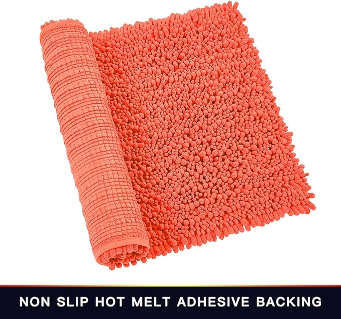 Walensee Bathroom Rug Non Slip Bath Mat (24x17 Inch Coral) Water Absorbent Super Soft Shaggy Chenille Machine Washable Dry Extra Thick Perfect Absorbant Best Small Plush Carpet for Shower Floor