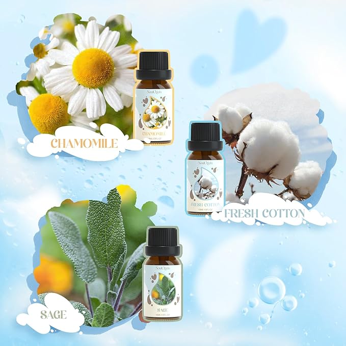 Laundry Fragrance Oils Set, Essential Oil Gift Set for Diffuser, Clean Scent Diffuser Oil, Use with Wool Dryer Balls or Diffuser,Chamomile, Fresh Cotton, Sage, Cedar, Lavender, Cherry Soap
