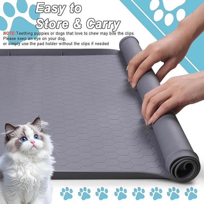 Cat Litter Mat 34" X 22", Cat Litter Box Mats Waterproof Silicone Pad for Floor Pee Pad Tray Holder with Complimentary 6 Clamps