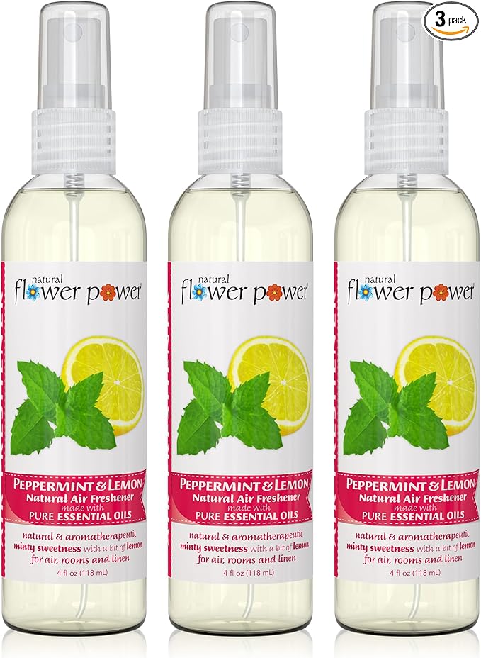 Natural Flower Power Air Freshener Spray - Odor Eliminator with Essential Oils for the Home, Car & Fabric - Cruelty Free & Vegan - Peppermint & Lemon - 3 x 4 oz