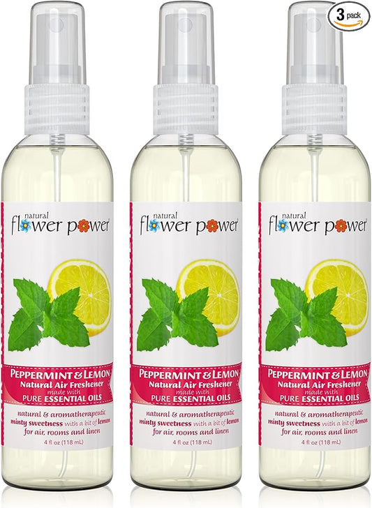 Natural Flower Power Air Freshener Spray - Odor Eliminator with Essential Oils for the Home, Car & Fabric - Cruelty Free & Vegan - Peppermint & Lemon - 3 x 4 oz