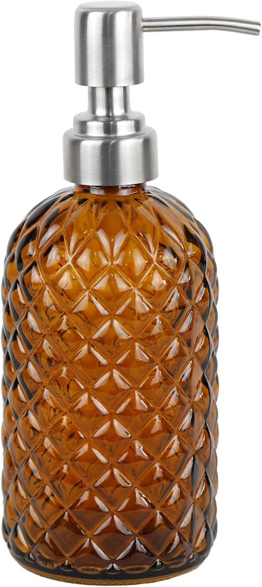 16 oz Diamond Pattern Glass Soap Dispenser, Kitchen and Bathroom Refillable Soap Dispenser with Rust Resistant Stainless Steel Pump for Hand Soap, Lotion Glass Liquid Dispenser(Amber)