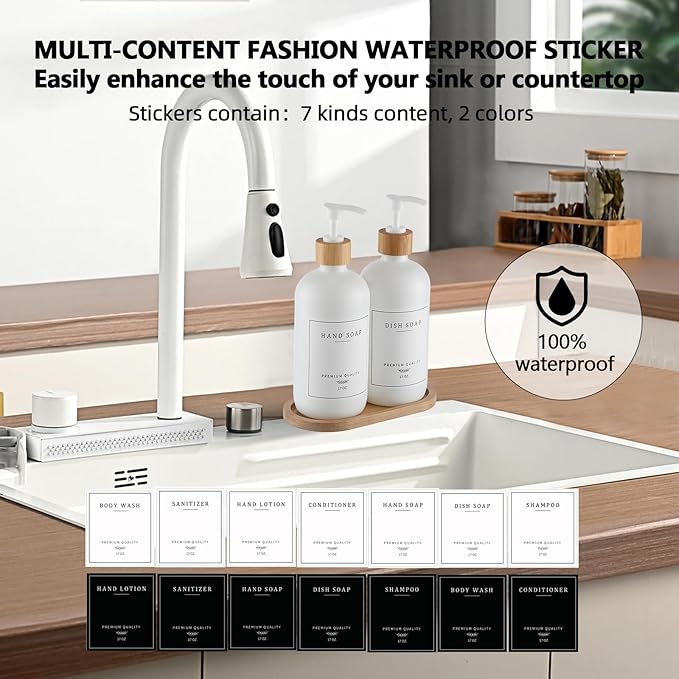 White Glass Soap Dispenser - Hand Dish Soap Dispenser Set for Kitchen, Bathroom with Sturdy Pump and Tray, 14 Waterproof Labels,Refillable Soap Lotion Dispenser-White