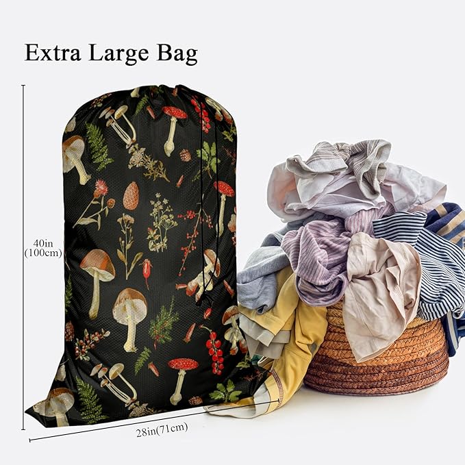 Swono Mushrooms Laundry Bag Drawstring Closure Fall Jungle Theme Floral Cherry Exotic Botanical Plant Heavy Duty Laundry Portable for College Dorm Room Essentials for Travel Camp