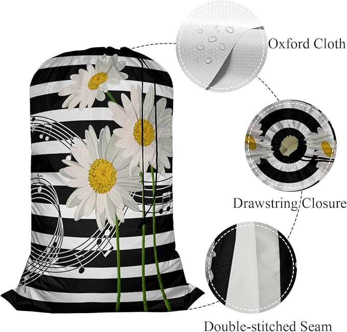 Swono Music Notes Storage Heavy Duty Basket Laundry Bag with Drawstring Daisies On Striped Bouquet Folding Organizer for Travel Washing Machine