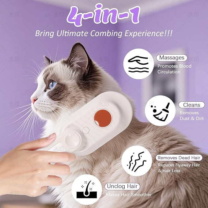 4 in 1 Cat & Dog Steam Brush Kit with 2 Comb Heads - Rechargeable Grooming Brush for Long/Short Hair Shedding, Anti-Static Steam Spray & Foldable Handle, Pet Spa Cleaning Tool (Purple)