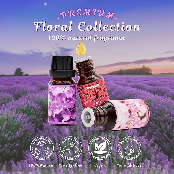 Floral Essential Oils Set, ARVIDSSON Flower Fragrance Oil for Candle Making - Rose, Gardenia, Cherry Blossom, Honeysuckle, Lilac, Diffuser Scented Oil Gift for Women