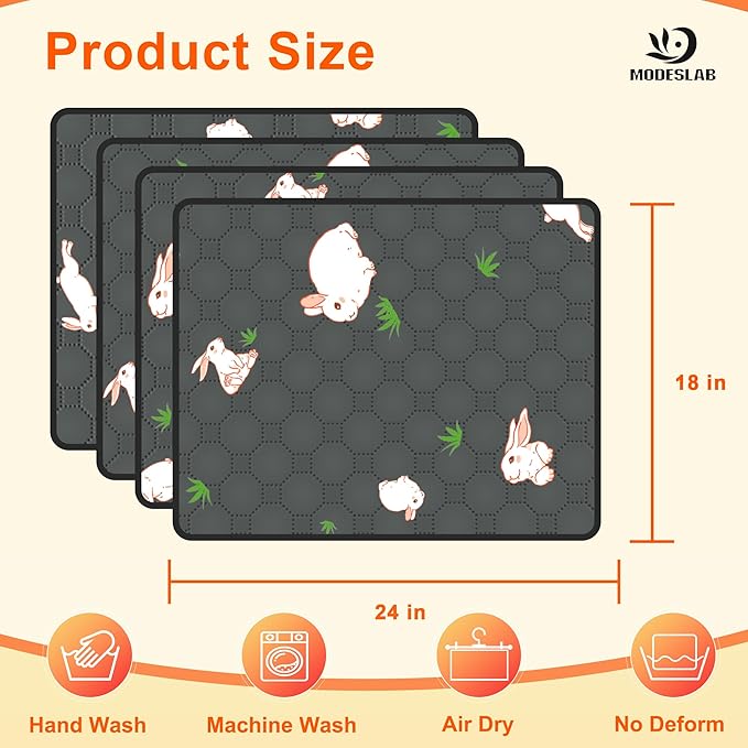 4-Pack Guinea Pig Cage Liner, 18in x 24in Fast Absorption Washable Bedding Pee Pads for Dogs Puppy Rabbit Small Animal Cage Mat, Leakproof & Non-Slip