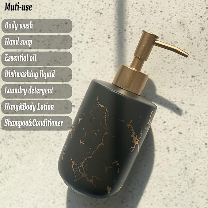 Black Marble Ceramic Soap Dispenser with Golden Pump for Bathroom Kitchen Refillable Dish Dispenser Liquid Hand Dispenser Empty Bottle (Black)