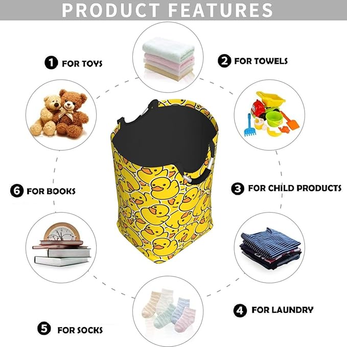 Cute Rubber Ducks Large Laundry Hamper Bag With Waterproof Liner - Cartoon Ducky Laundry Basket Foldable Clothes Storage Organizer For Bathroom Bedroom Nursery Dorm