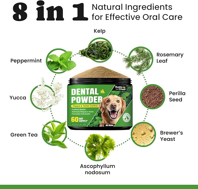 Dog Teeth Cleaning Powder, Dog Dental Powder and Cats Breath Freshener, Plaque Off Pet Tooth Cleaning lab co, Bad Breath & Tartar Remover for Dogs, Dog Teeth Cleaning with Enzymes- 60-Day Supply -Mint