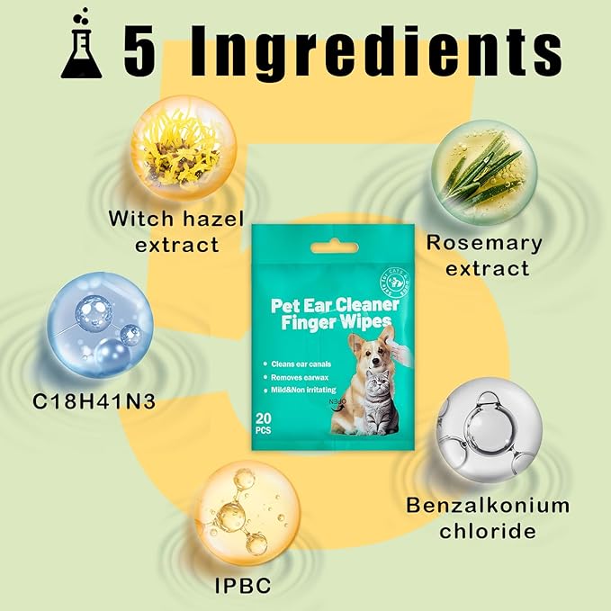 Portable Dog Ear Cleaner Wipes Grooming Kit Care for Dogs & Cats Pet Ear Relief Gently Remove Ear Wax Debris and Smelly 20 Pcs Unscented