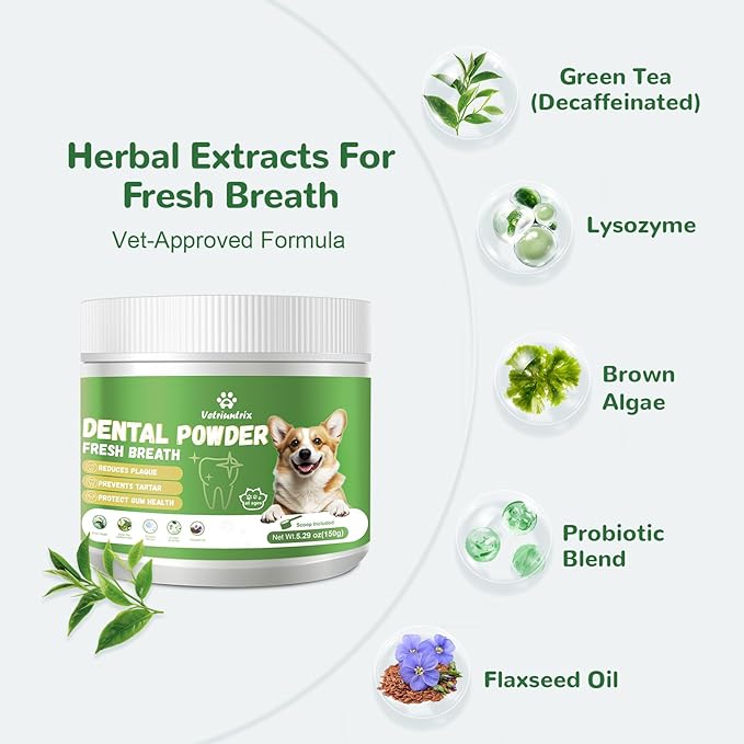 Dog Teeth Cleaning Powder, Dental Powder for Dogs Teeth & Tartar Remove & Plaque Off, Breath Freshener for Dogs with Natural Plants Blend and Probiotics, 45g Portable Size