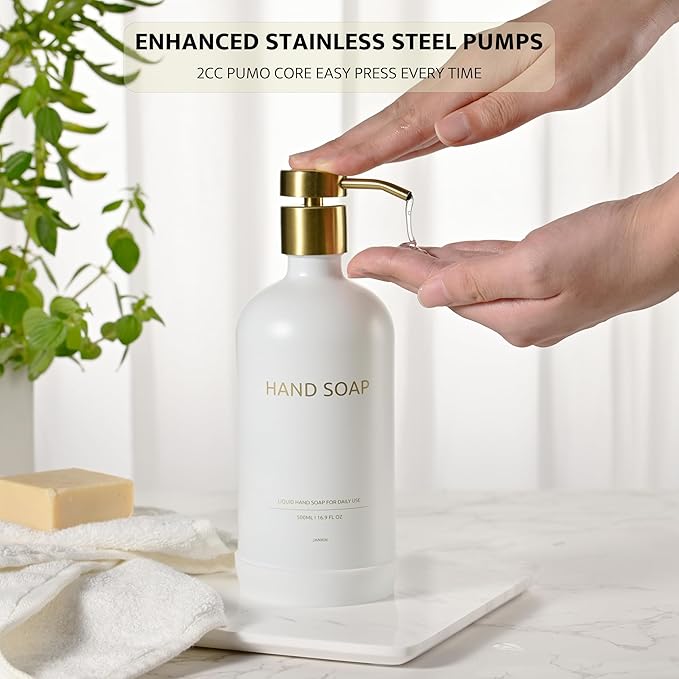 Soap Dispenser Set with Non-Slip Protective Silicone Pad, Hand Soap Dispenser for Bathroom and Kitchen Decor, White and Gold Accessories (White Bottles + Gold Pumps)