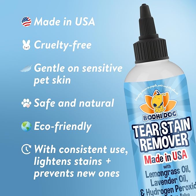 Bodhi Dog Tear Stain Remover - Removes Tears, Saliva & Mucus Stains from Dogs & Cats - Gentle, Natural Solution for Sensitive Fur & Coats, Alcohol-Free, Made in USA (8 Fl Oz)