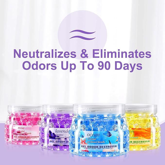 4 Pack Odor Eliminator Gel Beads, 11 Ounce Air Freshener, Eliminates Odor in Bathrooms, Cars, Boats, Rvs and Pet Areas, Lemon, Sea, Rose, Lavender Aroma(Lemon, Sea, Rose, Lavender Aroma)