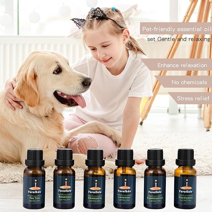 Pet-Friendly Essential Oil Set: Home Fragrance and Stress Relief. Safe for Dogs and Cats, Suitable for Aromatherapy Diffuser Bottles, Incense Sticks, and Candles, with six Interchangeable scents.