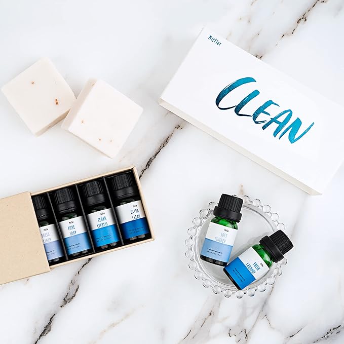 Fragrance Oil Set, MitFlor Clean Essential Oils for Diffusers for Home, 6 x10 ml, Fragrance Oil for Candle Soap Making, Aromatheraphy Oils Gift Set, Fresh Linen, Pure Soap and More Scents