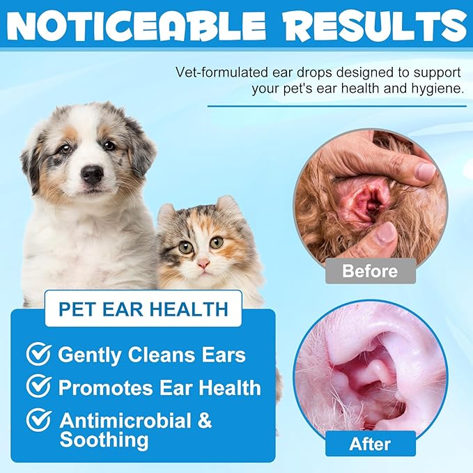 2 Pack Cat & Dog Ear Infection Treatment Drops, Cat & Dog Ear Cleaner for Itchy Ear Relief, with 1% Hydrocortisone for Dog Ear Infections, Relieve Itchy Ears