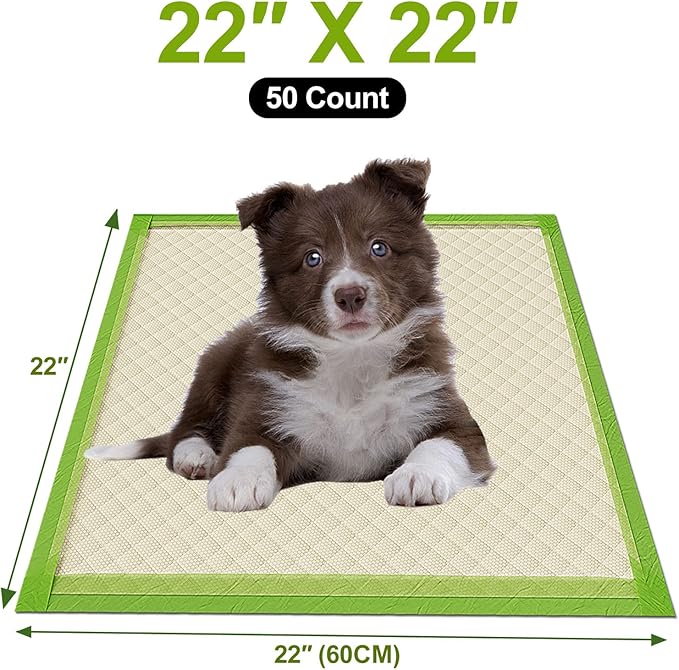 Gardner Pet Dog Pee Pads Rugular 22"x22", Thicker ECO Green Small Disposable Puppy Training Pads Super Absorbent Full Edge-Wrapping Pad for Dogs, Puppies, Doggies, Cats-(50 Count)