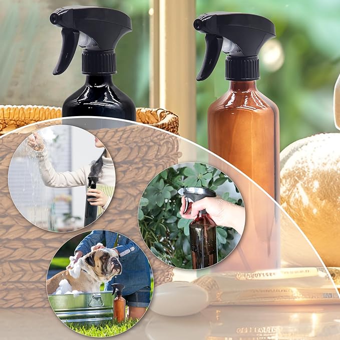 OFFIDIX Glass Spray Bottles for Cleaning,16 OZ 2 Pack Continuous Empty Water Mister Spray Bottles for Hair,Plants Mister,Adjustable Nozzle,Black