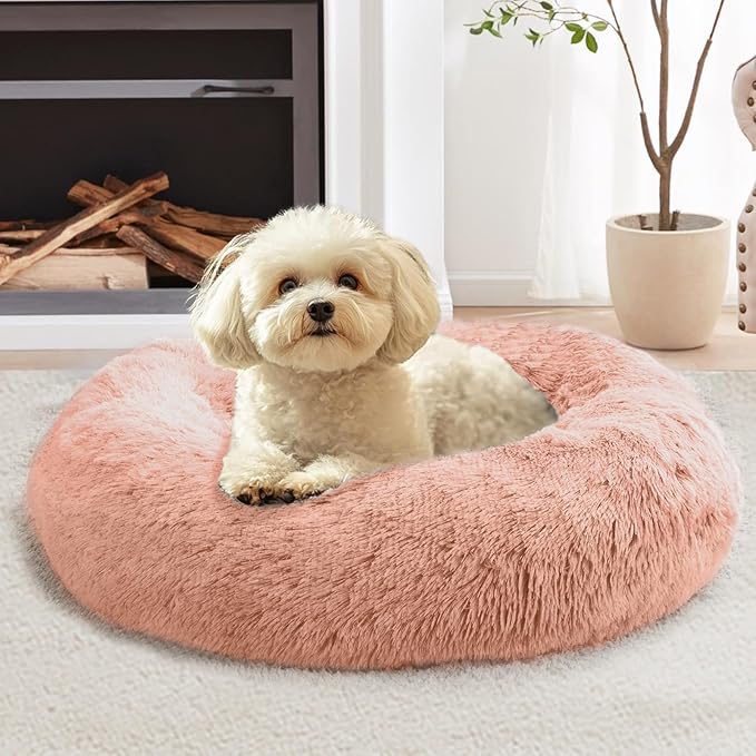 JOLLYVOGUE Small Dog & Cat Beds for Indoor Cats, Donut Cuddler Warming Soft Dog Beds with Anti-Slip Bottom, Round Calming Fluffy Plush Faux Fur Cushion Bed for Large Dogs (36", Peach Pink)